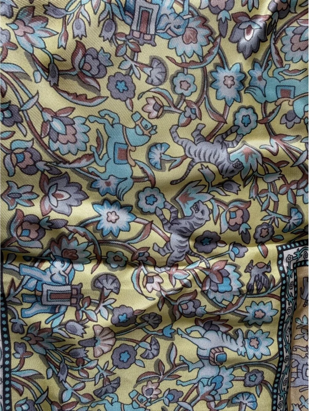 Lui Chantant Silk Scarf Vintage Animal Floral Print Elephant Tiger Yellow 33